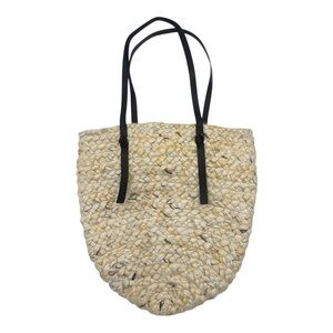 Anthroplogie Braided Shoulder Tote Bag Purse in Cream with Brown Leather Trim